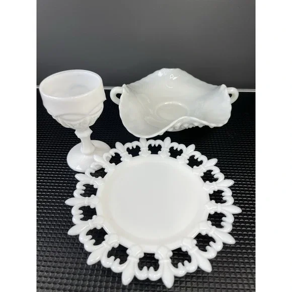 Milk Glass Fenton Hobnail‎ Candy Dish, Reticulated Plate & Goblet Set Of 3 - Picture 2 of 11